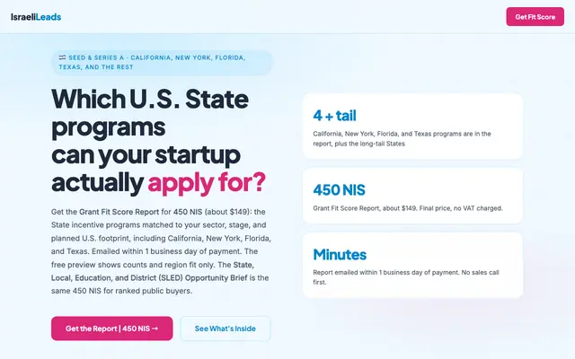 Screenshot of Grant Fit Score Report | 450 NIS | U.S. State Grants for Israeli Startups | Isra