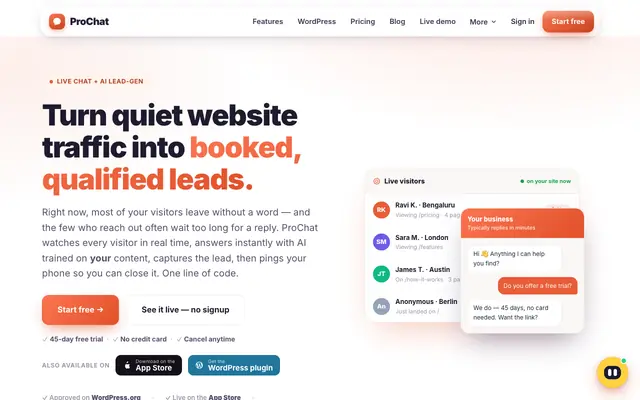 Screenshot of ProChat — Turn website visitors into qualified leads