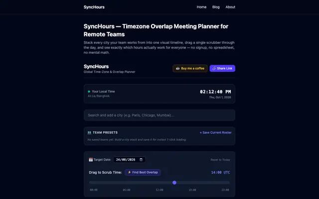 Screenshot of SyncHours | Visual Timezone Converter & Overlap Planner