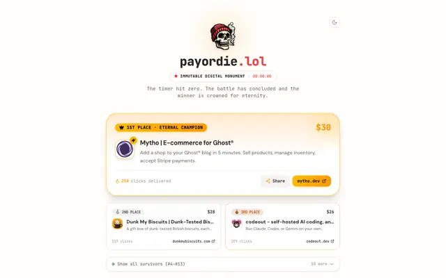 Screenshot of payordie.lol · The Living Leaderboard (Pay to Survive or Flatline)