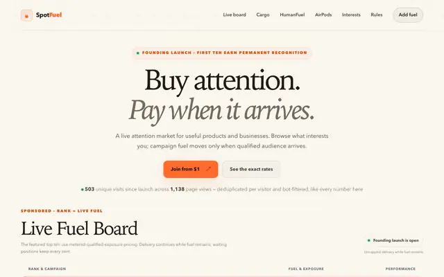 Screenshot of SpotFuel — The live attention market