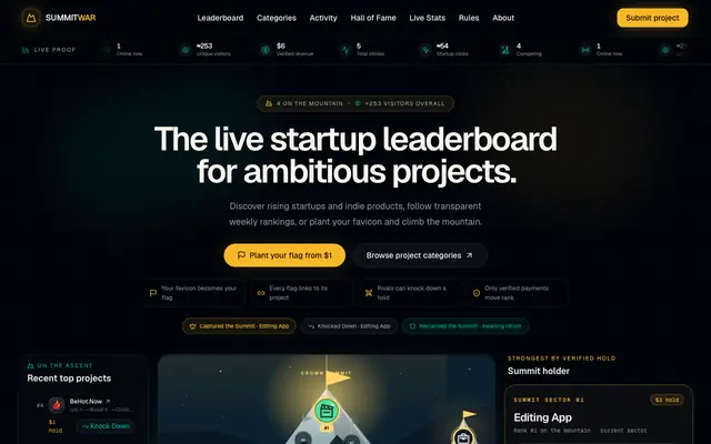 Screenshot of SummitWar — The internet's highest startup position