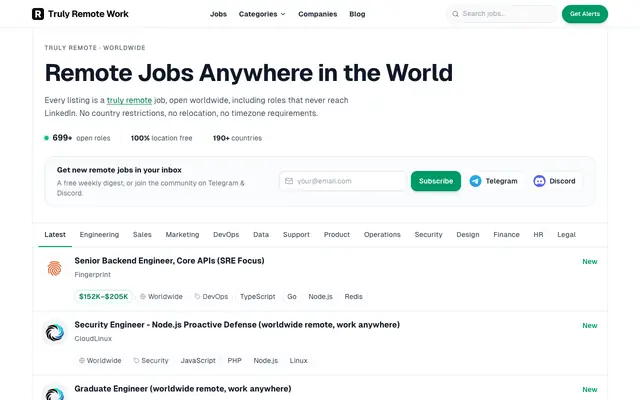 Screenshot of Truly Remote Jobs: Work From Anywhere, Open Worldwide