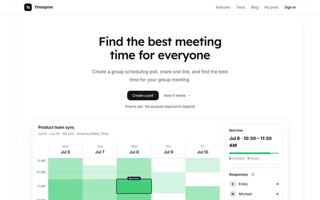 Screenshot of Free Group Availability Poll — Timespree