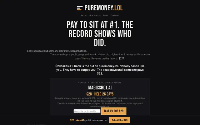 Screenshot of PureMoney.lol | Permanent Pay-to-Rank Leaderboard