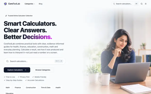 Screenshot of CoreToolLab — Professional calculators with practical guides