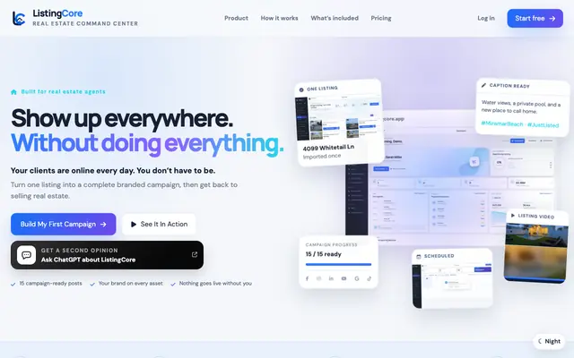 Screenshot of ListingCore — The real estate marketing command center