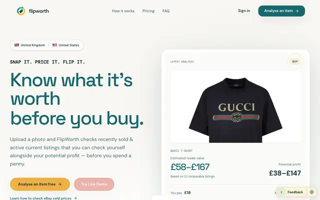 Screenshot of FlipWorth — Know the Value. Make Profit.