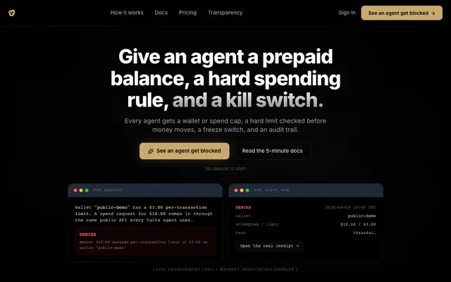 Screenshot of Valta | Financial OS for AI Agents