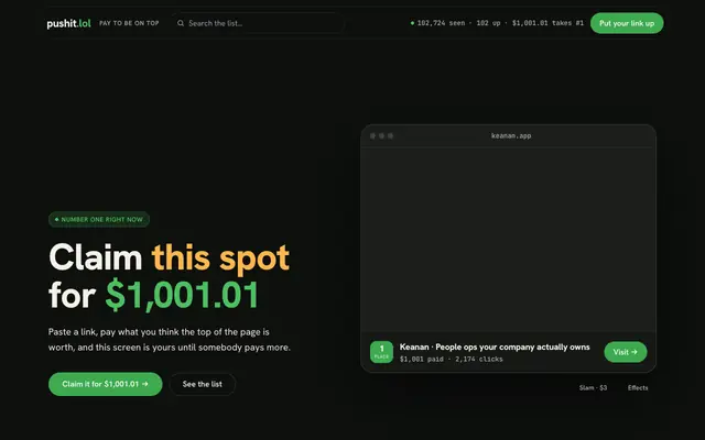 Screenshot of pushit.lol — the leaderboard where rank is paid for