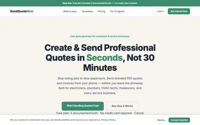 Screenshot of SendQuoteNow — Free Quote Generator & Invoice App for Contractors
