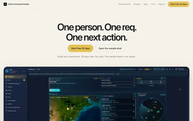 Screenshot of IA24 Command Center — Try the Recruiting Desk