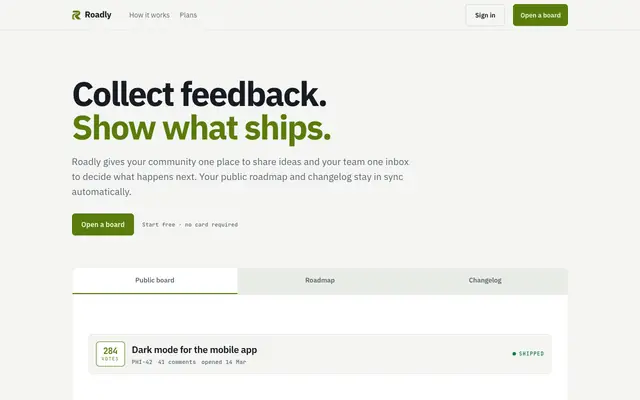 Screenshot of Roadly — product feedback, roadmap and changelog