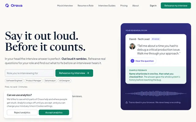 Screenshot of AI Interview Prep with Voice Mock Interviews | Orava