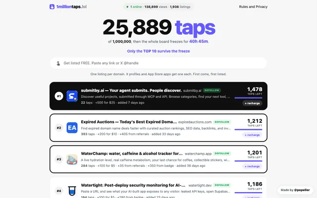 Screenshot of 1 million taps. Every tap counts down · 1milliontaps.lol