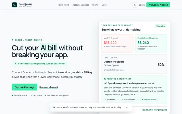Screenshot of AI Model Rightsizing for OpenAI and Anthropic | SpendLens AI