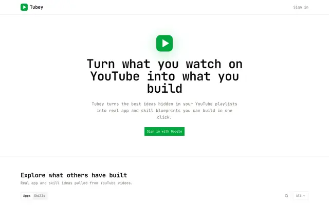 Screenshot of Tubey — Build apps from YouTube videos