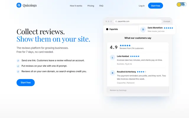 Screenshot of Quizzings, customer reviews for startups