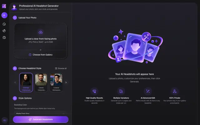 Screenshot of AI Headshot Generator Workspace