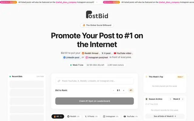 Screenshot of postbid.lol — The Most Promoted Post on the Internet
