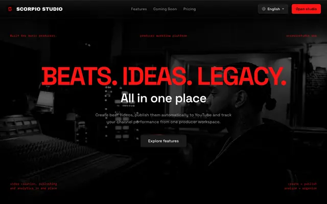 Screenshot of Scorpio Studio — video creation, YouTube publishing and analytics