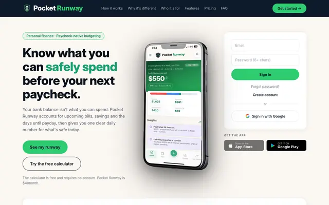 Screenshot of Paycheck Budgeting & Cash Flow App | Pocket Runway