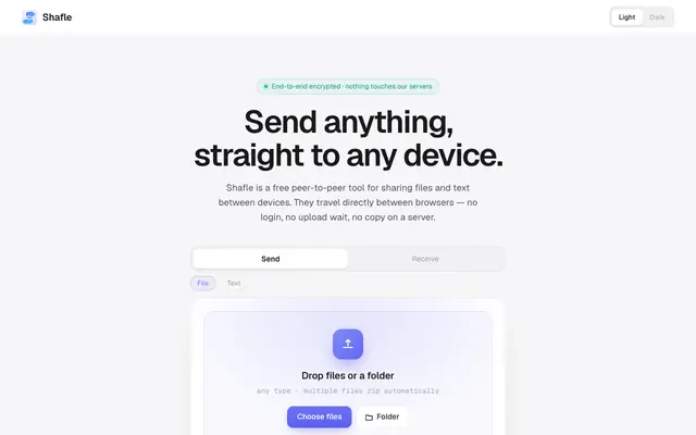 Screenshot of Shafle — Free P2P File & Text Sharing