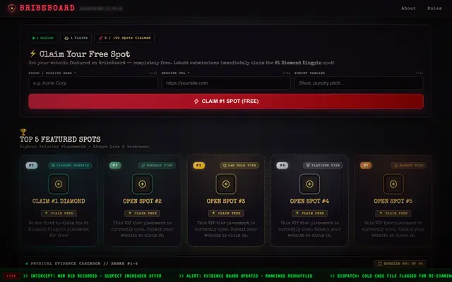 Screenshot of BribeBoard — The Detective-Themed Pay-to-Rank Evidence Ledger