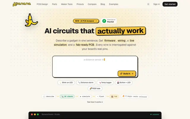 Screenshot of Banana Board: Describe a circuit, get validated firmware + wiring