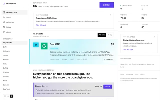 Screenshot of BidOnChain — The paid leaderboard for crypto, AI and Web3