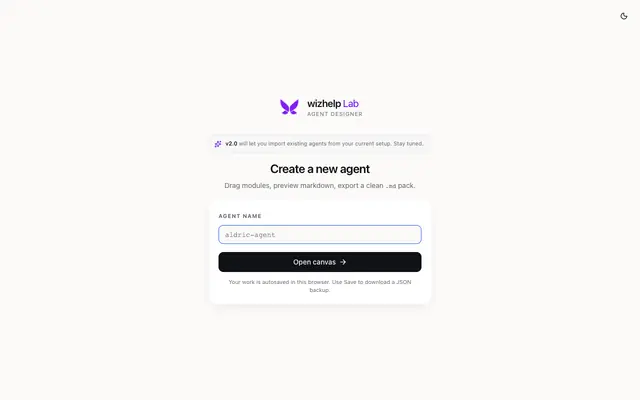 Screenshot of wizhelp Lab — Create a new agent