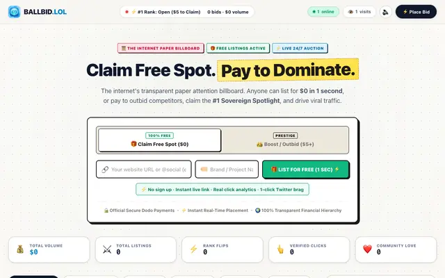 Screenshot of BALLBID.LOL — Pay More. Get Bigger. Digital Attention Billboard