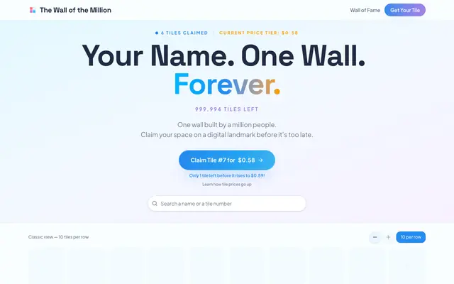 Screenshot of The Wall Of The Million — A Digital Time Capsule