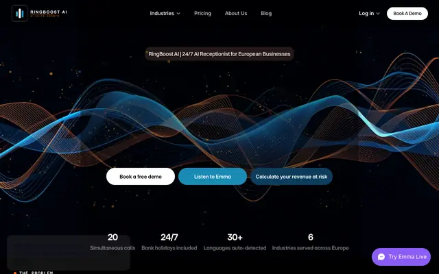 Screenshot of RingBoost AI | 24/7 AI Receptionist for European Businesses