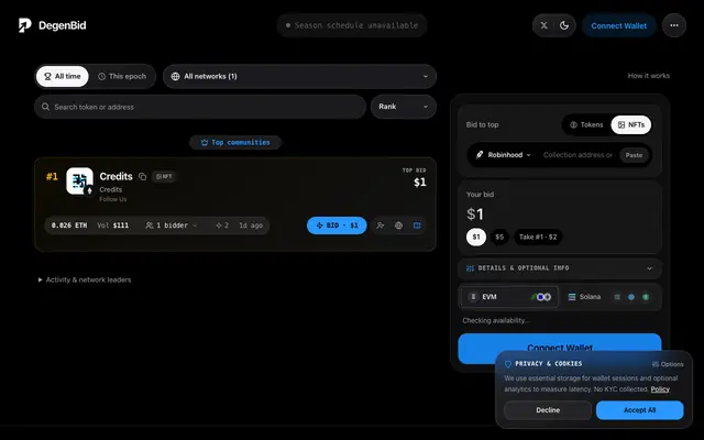 Screenshot of DEGENBID // The On-Chain Attention Orderbook