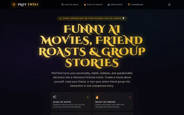 Screenshot of PlotTwist – Funny AI Movies, Friend Roasts & Group Stories
