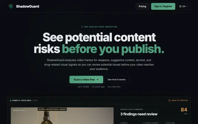 Screenshot of ShadowGuard — Pre-Publish Video Inspection
