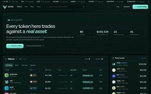 Screenshot of bul.fun — Launch tokens that trade against real assets