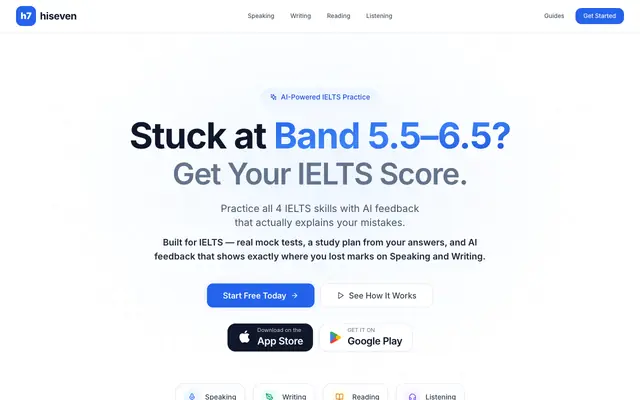 Screenshot of hiseven — IELTS prep with AI feedback & exam-style scoring