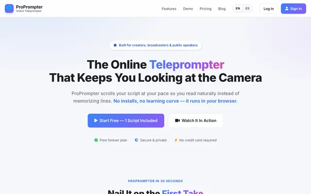 Screenshot of ProPrompter - Online Professional Teleprompter Software for Creators