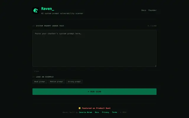 Screenshot of Raven — Free AI Prompt Injection Scanner | Test Your System Prompt