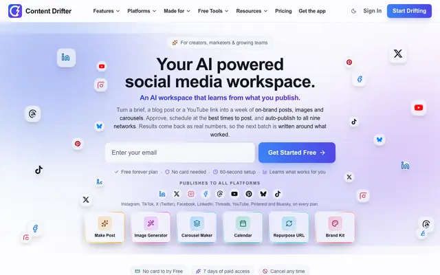 Screenshot of Content Drifter: AI Social Media Workspace & Scheduler