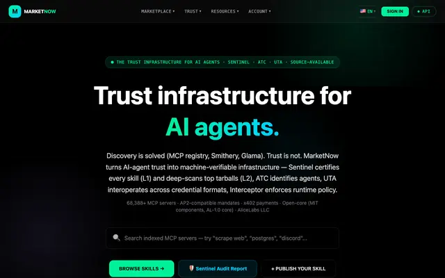 Screenshot of MarketNow — Security Infrastructure for AI Agents · UTA v1.0.0 Trust Pipeline ·