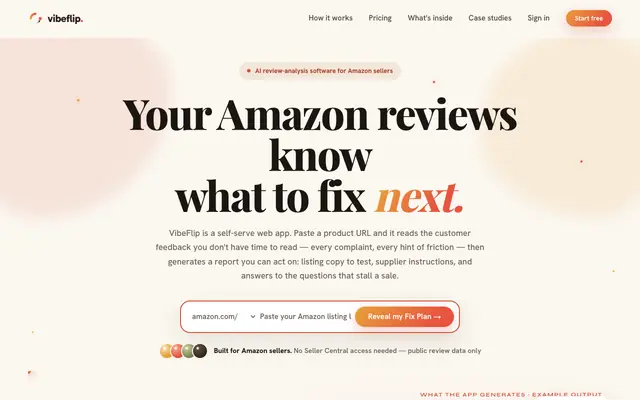 Screenshot of VibeFlip — Turn Amazon Reviews Into Revenue | AI Fix Plans for Sellers
