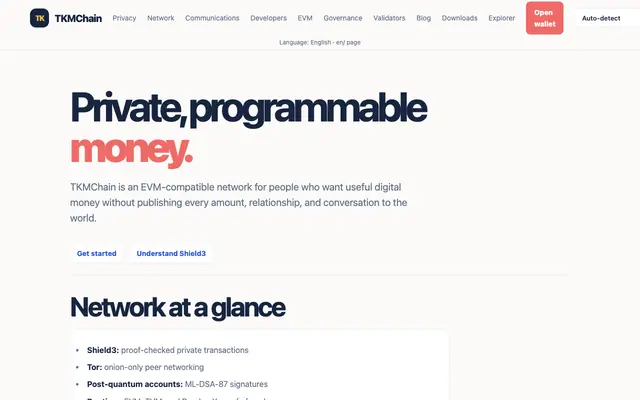 Screenshot of TKMChain - RandomX EVM, Shielded Privacy, Quantum-Resistant Wallets, TVM and Pub