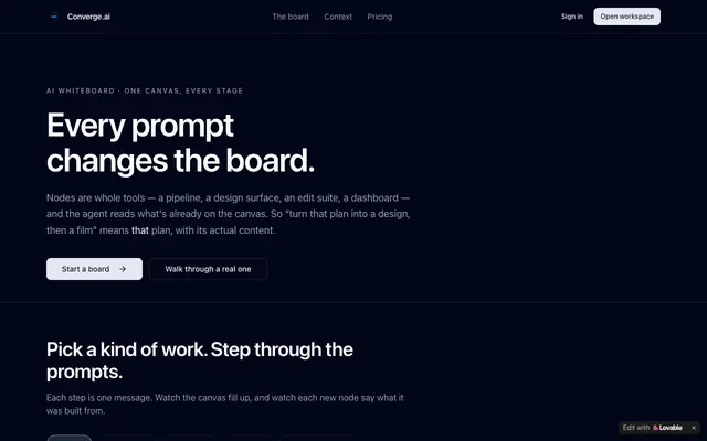 Screenshot of Converge.ai — one board, every stage of the work