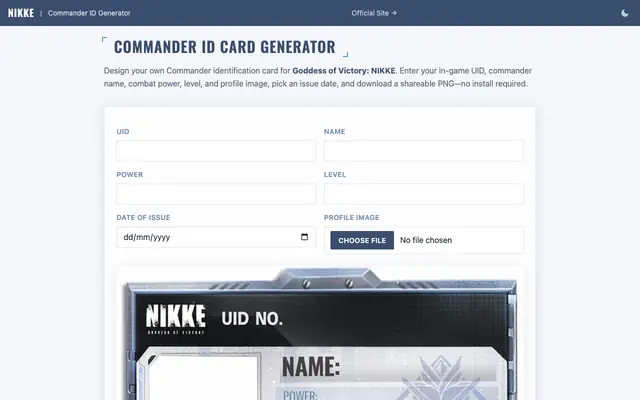 Screenshot of NIKKE Commander ID Card Generator