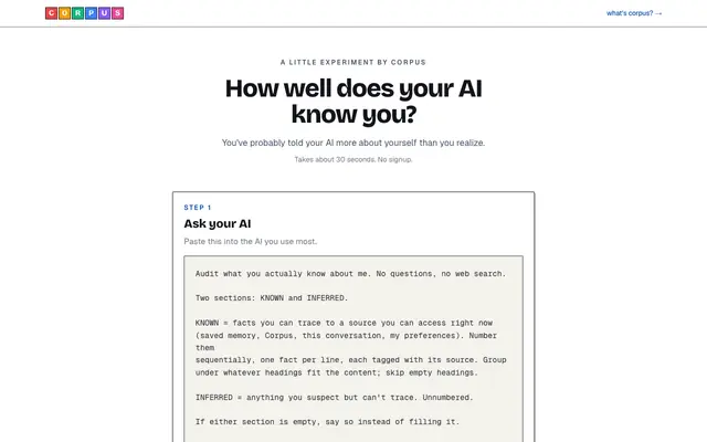 Screenshot of How well does your AI know you? | Corpus