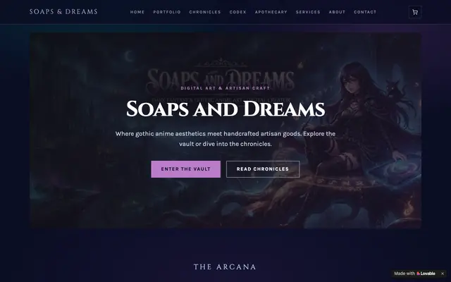 Screenshot of Soaps and Dreams — Gothic Art, Story & Apothecary