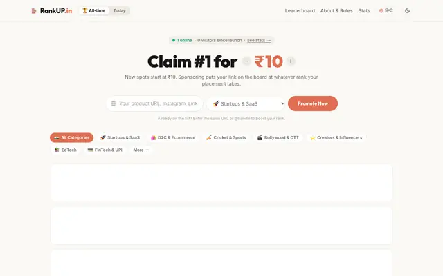 Screenshot of RankUP.in — India's Pay-to-Rank Advertising Leaderboard
